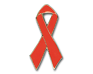 Red Ribbon Pins with golden borderline, 25 mm